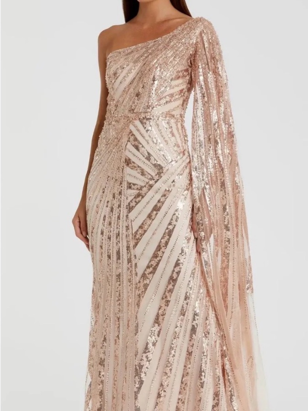 Mac Duggal Rose Gold One-Shoulder Sequin Maxi Gown